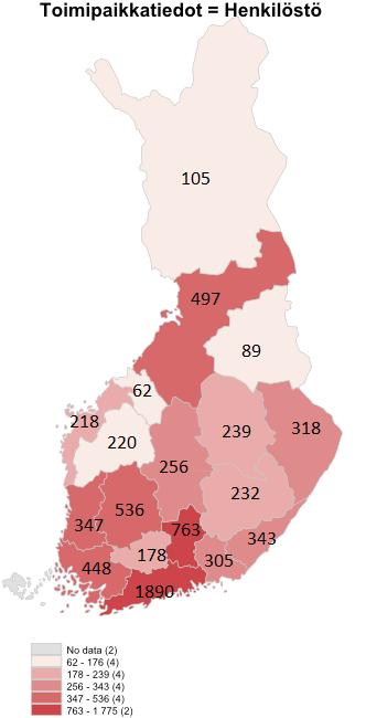 Eniten leipomoalan toimipaikkoja on Uudellamaalla, Pirkanmaalla ja Varsinais-Suomessa, kuten kuvasta 4 on nähtävissä.