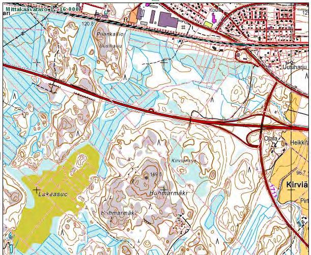 Kirviänsuo Uhanalainen (NT) luontotyyppi, luonnontilainen isovarpuräme (puuttuu Luontoselvityksestä). Kirviänsuon yleissijainti (punainen ympyrä). Lähde: Karttapaikka.