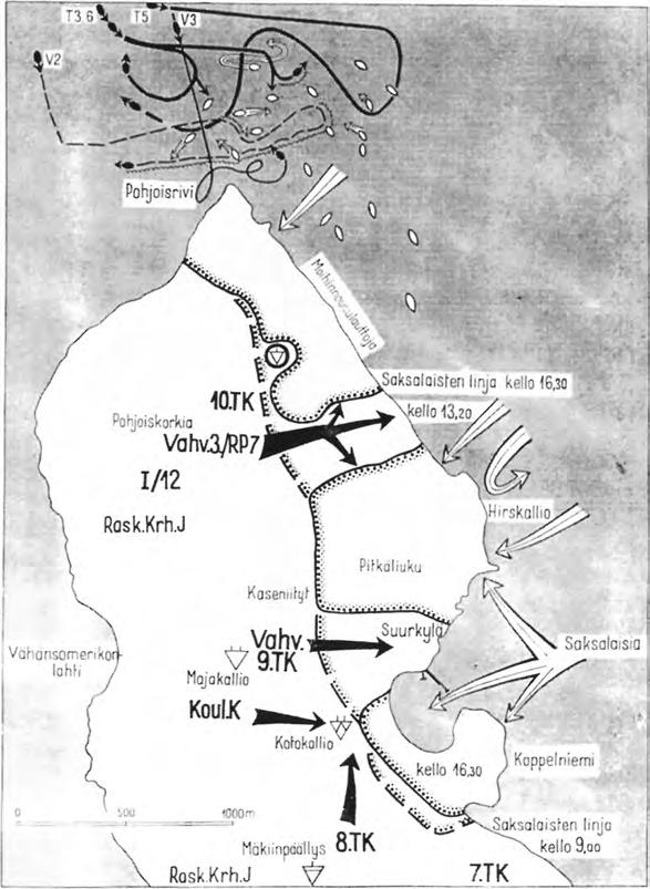 30 Hirskollio Kranaatinheittimistön tulella oli ratkaiseva merkitys myös torjuttaessa saksalaisten ainoaksi jäänyttä yritystä hyökätä sataman alueelta tien suunnassa saareen.