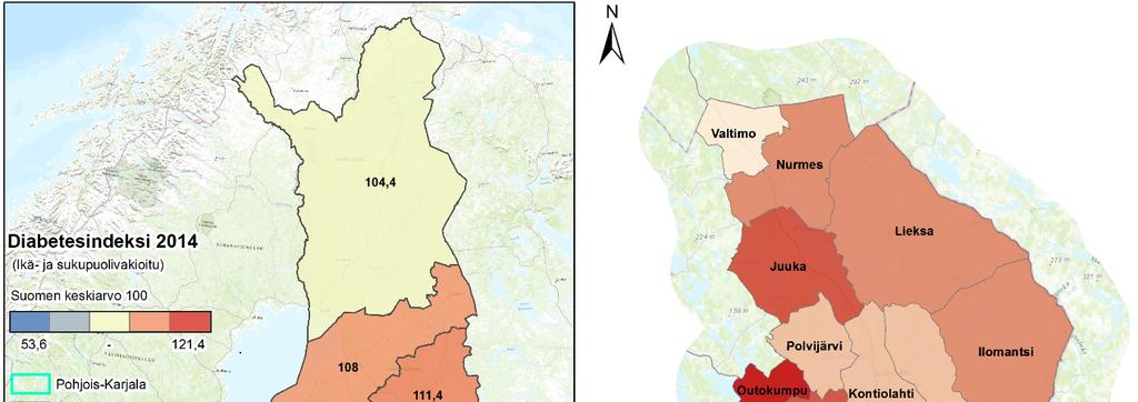 Kuva 1. Vuoden 2014 diabetesindeksi ikä- ja sukupuolivakioituna maakunnittain sekä tyypin 2 diabeteksen prevalenssi Pohjois-Karjalan kunnissa.