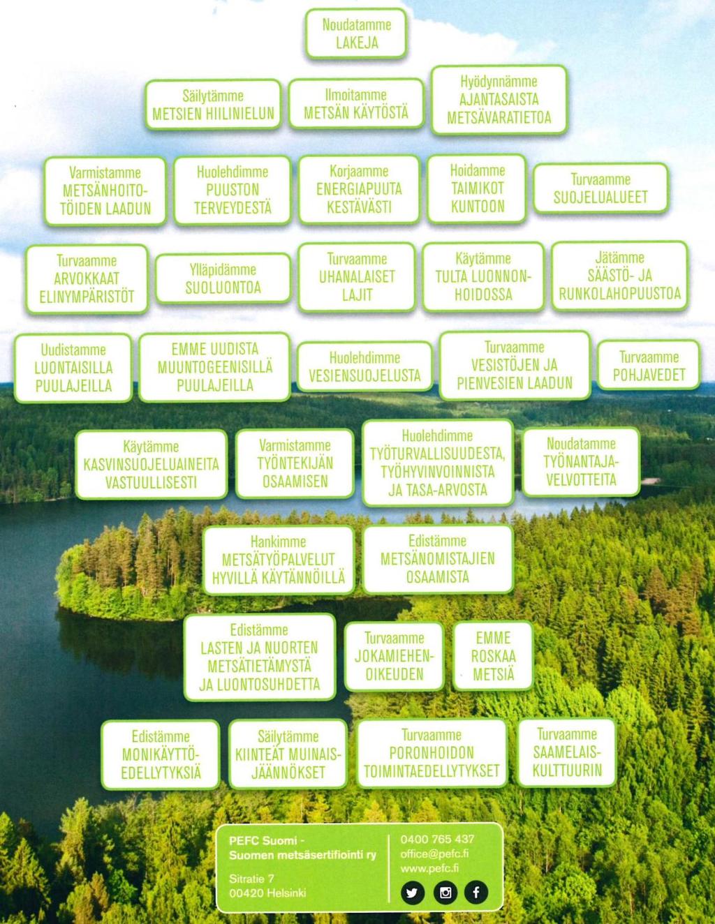 Metsänhoidon PEFC FI -kriteerit: Puun kestävän käytön lisäksi metsien monimuotoisuuden turvaamisella, virkistyskäytöllä ja metsien muilla