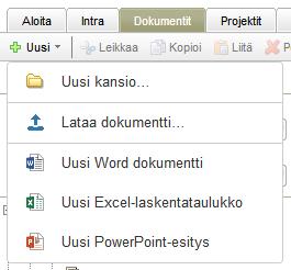 Dokumentit Luo uusia Microsoft Office dokumentteja työkaluriviltä Tyhjiä Word dokumentteja, Excel-laskentataulukkoja ja PowerPoint-esityksiä voidaan luoda nyt suoraan järjestelmässä.