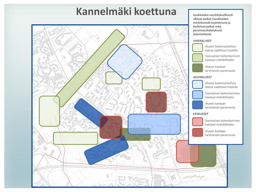 Seuraava yhteenveto Kannelmäestä perustuu kerättyyn, runsaasti kokemuksellista laatua kuvaavaan paikkatietoaineistoon.