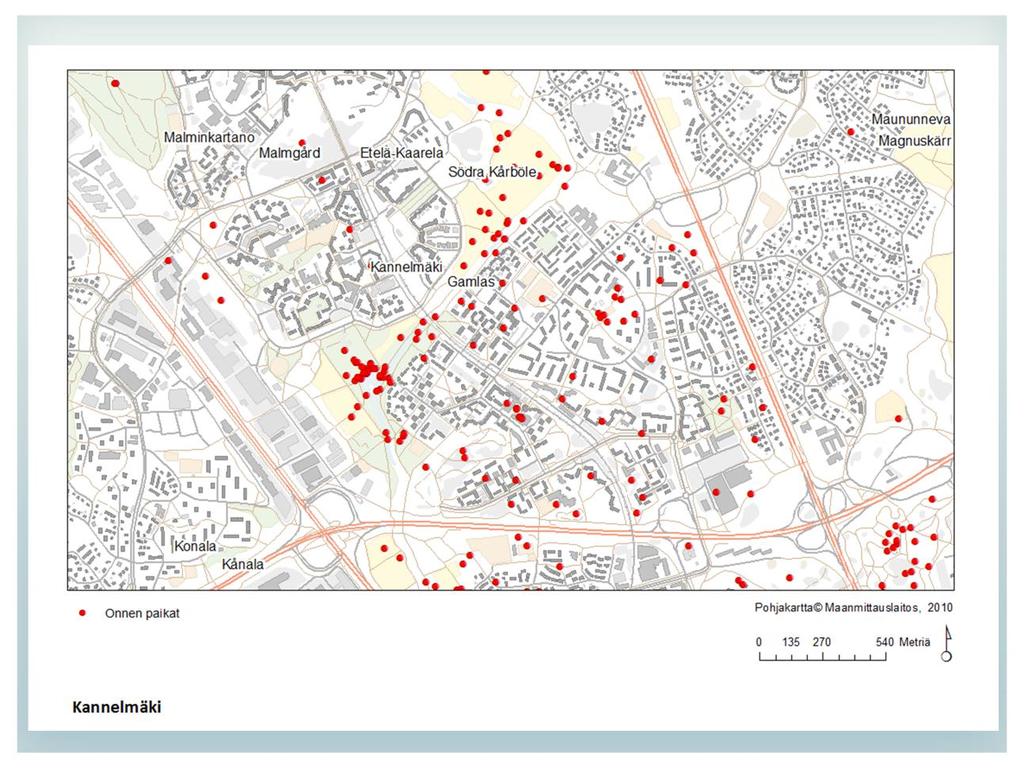 Paikannetut onnen paikat Kannelmäessä Kannelmäkeläiset paikansivat kartalle pehmogis-menetelmällä onnen paikkoja, jotka näkyvät oheisessa kartassa punaisella.