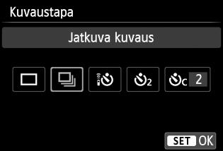 i Jatkuva kuvaus Voit kuvata enintään noin 5 kuvaa sekunnissa. Tämä sopii esimerkiksi tilanteisiin, joissa lapsi juoksee sinua kohti ja haluat tallentaa eri ilmeet. 1 2 3 Paina <YiQ>-painiketta.