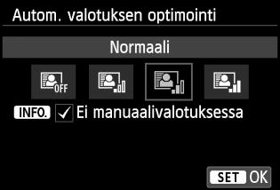 Peruskuvaustiloissa asetus on automaattisesti [Normaali]. 1 2 Valitse [Auto Lighting Optimizer/ Autom. valotuksen optimointi]. Valitse [z2]-välilehdestä [Auto Lighting Optimizer/Autom.