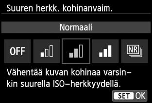 Kun ISO-herkkyys on matala, tummien alueiden (varjoalueiden) kohina vähenee entisestään. Muuta asetusta kohinatasoon sopivaksi. 1 2 Valitse [Suuren herkk. kohinanvaim.