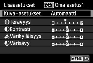 A Ensisijaisten kuvaominaisuuksien tallentaminenn Voit valita jonkin peruskuva-asetuksen, kuten [Muotokuva] tai [Maisema], säätää sen parametrejä ja tallentaa sen [Oma asetus 1]-, [Oma asetus 2]- tai