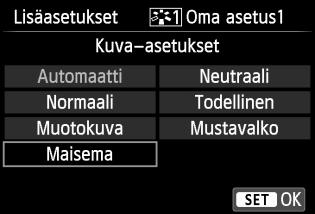 Voit myös säätää kameraan tallennetun kuva-asetuksen parametreja EOS Utility -ohjelmistolla (mukana, s. 364). 1 2 3 Paina <XA>-painiketta. Valitse [Oma asetus*].