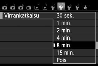 Kätevät ominaisuudet 3 Virrankatkaisun aikarajan määrittäminen Kamera säästää akkua katkaisemalla virran automaattisesti, kun kamera on ollut käyttämättömänä määritetyn ajan.