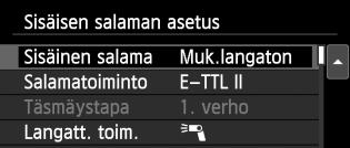 Mukautettu langaton salamakuvaus Täysautomaattinen kuvaus yhdellä ulkoisella Speedlite-salamalaitteella ja sisäisellä salamalla Tässä osassa selitetään