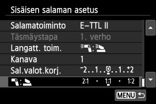 Valitse sivulla 232 kuvatun vaiheen 5mukaisesti [Muk.langaton] ja paina sitten <0>-painiketta. Valitse [Langatt. toim.]. Valitse [Langatt. toim.]-asetukseksi [0:3] ja paina <0>-painiketta.