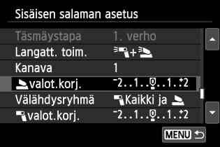 Muut asetukset Salaman valotuskorjaus Kun [Salamatoiminto]-asetukseksi on valittu [E-TTL II], salaman valotuskorjaus voidaan määrittää. Määritettävissä olevat salaman valotuskorjausasetukset (ks.