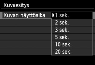 3 Kuvaesitys (automaattinen toisto) Asetus Toiston kuvaus jkaikki kuvat Kaikki kortin kuvat ja videot toistetaan. ipäiväys Valittuna kuvauspäivänä kuvatut kuvat ja videot toistetaan.