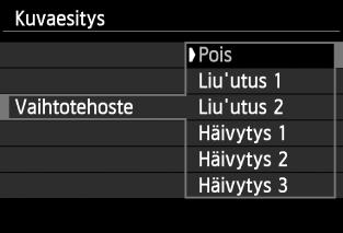 3 Kuvaesitys (automaattinen toisto) [Vaihtotehoste] [Taustamusiikki] 4 5 Aloita kuvaesitys. Valitse <V>-painikkeilla [Aloita] ja paina sitten <0>-painiketta. Kuvaesitys käynnistyy, kun [Kuvan haku.