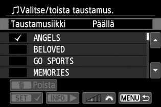 3 Kuvaesitys (automaattinen toisto) Taustamusiikin valitseminen 1 2 3 Valitse [Taustamusiikki]. Määritä [Taustamusiikki]- asetukseksi [Päällä] ja paina sitten <0>-painiketta. Valitse taustamusiikki.