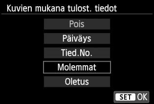 wtulostaminen 5 6 7 Määritä päiväyksen ja tiedostonumeron tulostus. Määritä tarvittaessa. Valitse <I> ja paina sitten <0>-painiketta. Valitse haluamasi asetus ja paina sitten <0>-painiketta.