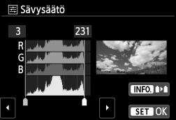 Sävysäätö Kun valitset [Käsisäätö], voit muuttaa histogrammin jakaumaa ja säätää kuvan kirkkautta ja kontrastia. Sävysäätönäytössä voit muuttaa <h>-merkin sijaintia painamalla <B>-painiketta.