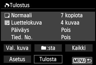 W DPOF-suoratulostus Jos käytössä on PictBridge-tulostin, voit tulostaa kuvia DPOF-asetuksin. 1 Valmistele tulostus. Katso sivu 280.