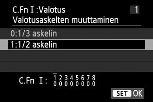 Kunkin valinnaisen toiminnon numeron nykyiset asetukset näkyvät kunkin toiminnon numeron alapuolella näytön alaosassa. Poistu asetuksesta.