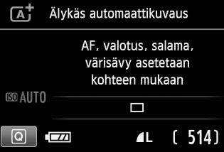 LCD-näytön näkymän vaihtaminen LCD-näyttö voi näyttää kuvausasetusten näytön, valikkonäytön, otetut kuvat jne. Kuvausasetukset Kun kytket kameran virran, kuvausasetusten näyttö tulee näkyviin.