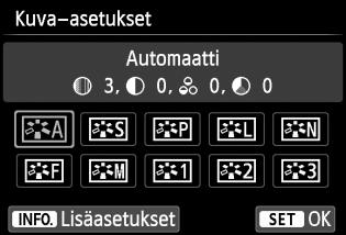 A Kohteeseen parhaiten soveltuvat kuvaominaisuudetn Valitsemalla kuva-asetuksen saat kuviin haluamasi kuvaominaisuudet, jotka sopivat tavoittelemaasi kuvalliseen ilmaisuun tai kuvan kohteeseen.