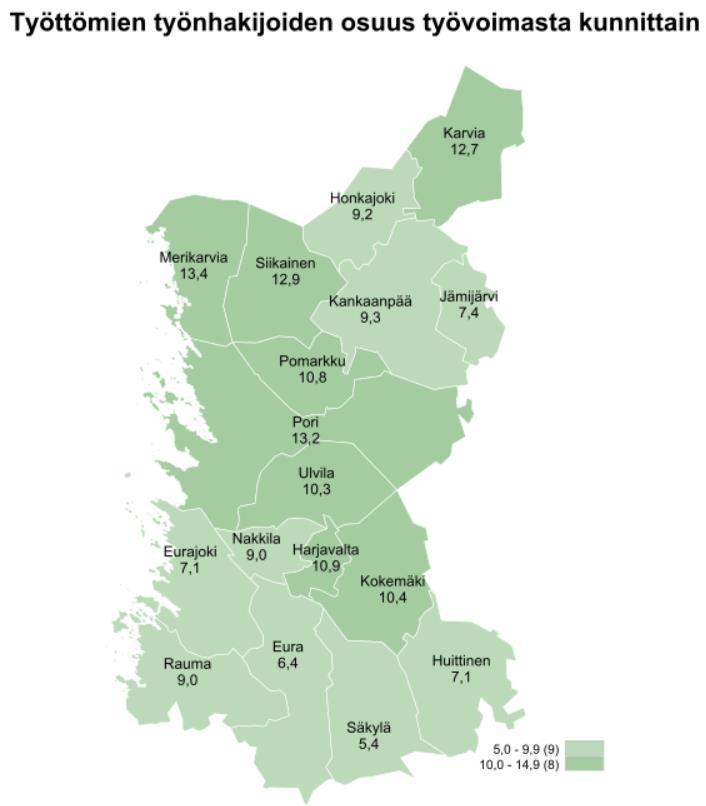 Satakunnan työllisyystilanne pähkinänkuoressa, syyskuu 2017 Työttömiä työnhakijoita oli syyskuun lopussa 10 690. Vuoden takaiseen verrattuna työttömien määrä on alentunut 2550 henkilöä (-19,2 %).