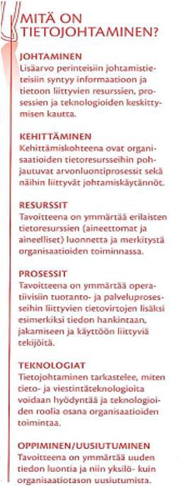 Tietoa kerätään ja hyödynnetään jatkuvasti TIETOJOHTAMINEN (VOIDAAN HAHMOTTAA MYÖS NÄIN) Tiedon johtaminen viittaa organisaation oppimiseen ja uusiutumiseen, uuden tiedon luontiin sekä esimerkiksi