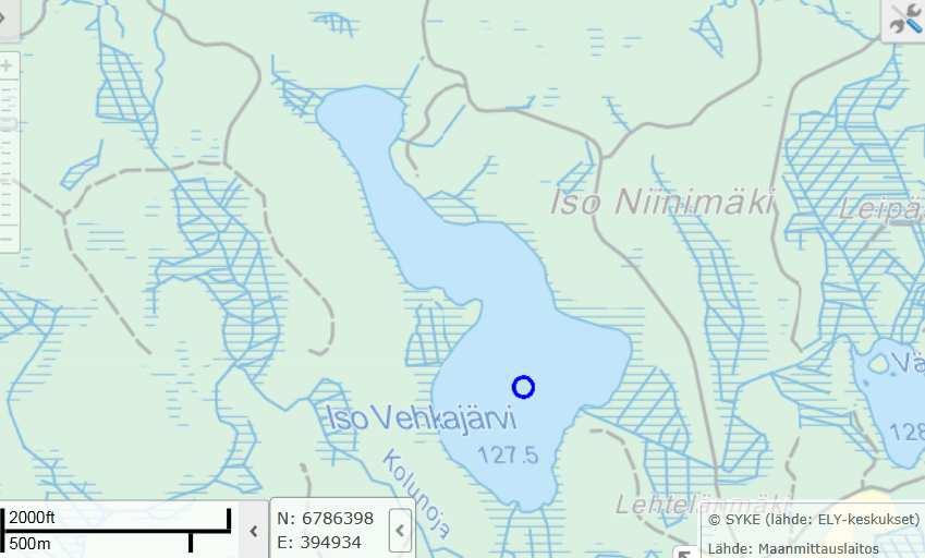 ta eli ahvenet olivat suurikokoisia. Ylipäätäänkin Iso Vehkajärven petokalojen saalisosuus oli korkea (9 %), mikä kuvannee tiettyä tasapainoa kalastossa. Kuva 32 Iso Vehkajärven näytepiste.