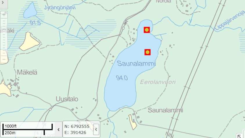 lipitoisuuksien luokkarajojen olemisesta paljon korkeammalla kuin aiemmin ja muiden järvien kohdalla on käytetty. Kuva 34 Saunalammin näytteenottopisteet Hertan mukaan. Alempi on syvännepiste.