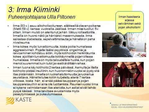 Sivu 15 / 55 Ryhmä 3: Asiakastapauksena Irma Kiiminki Irma Kiimingin tapausta käsittelevän työryhmän jäsenet olivat seuraavat: Puheenjohtaja Ulla Piltonen 1.