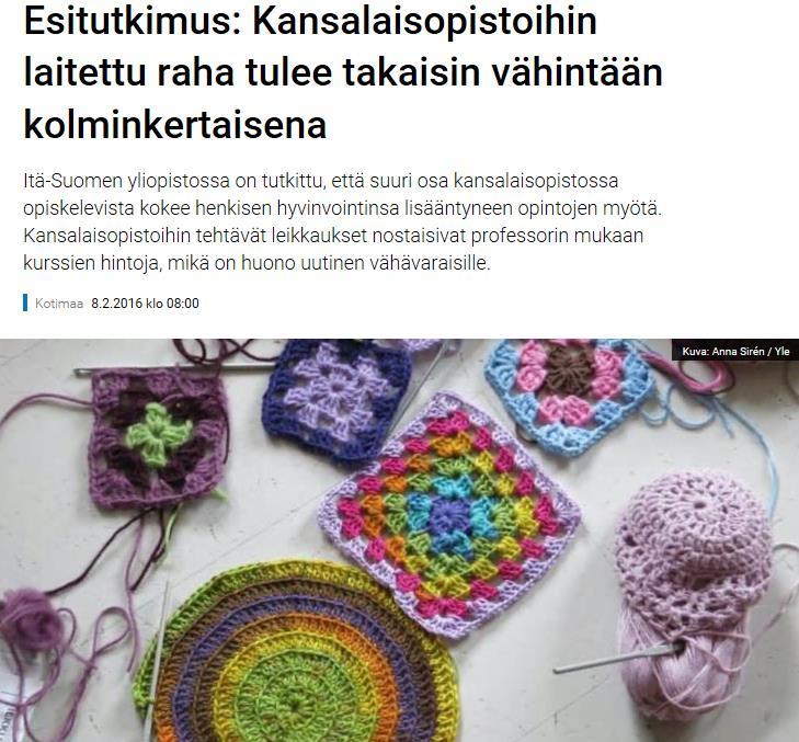 Mannisen aiemmissa tutkimuksissa ilmeni, että suomalaisista kansalaisopisto-opiskelijoista 89 prosenttia kokee henkisen hyvinvointinsa lisääntyneen opintojen myötä.