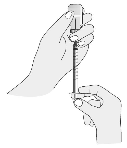 Vedä mäntä kokonaan ulos 1,0 ml:n merkinnän kohdalle, jolloin ruisku täyttyy ilmalla. Työnnä neula vettä sisältävään injektiopulloon kumitulpan keskiosan läpi. 4.