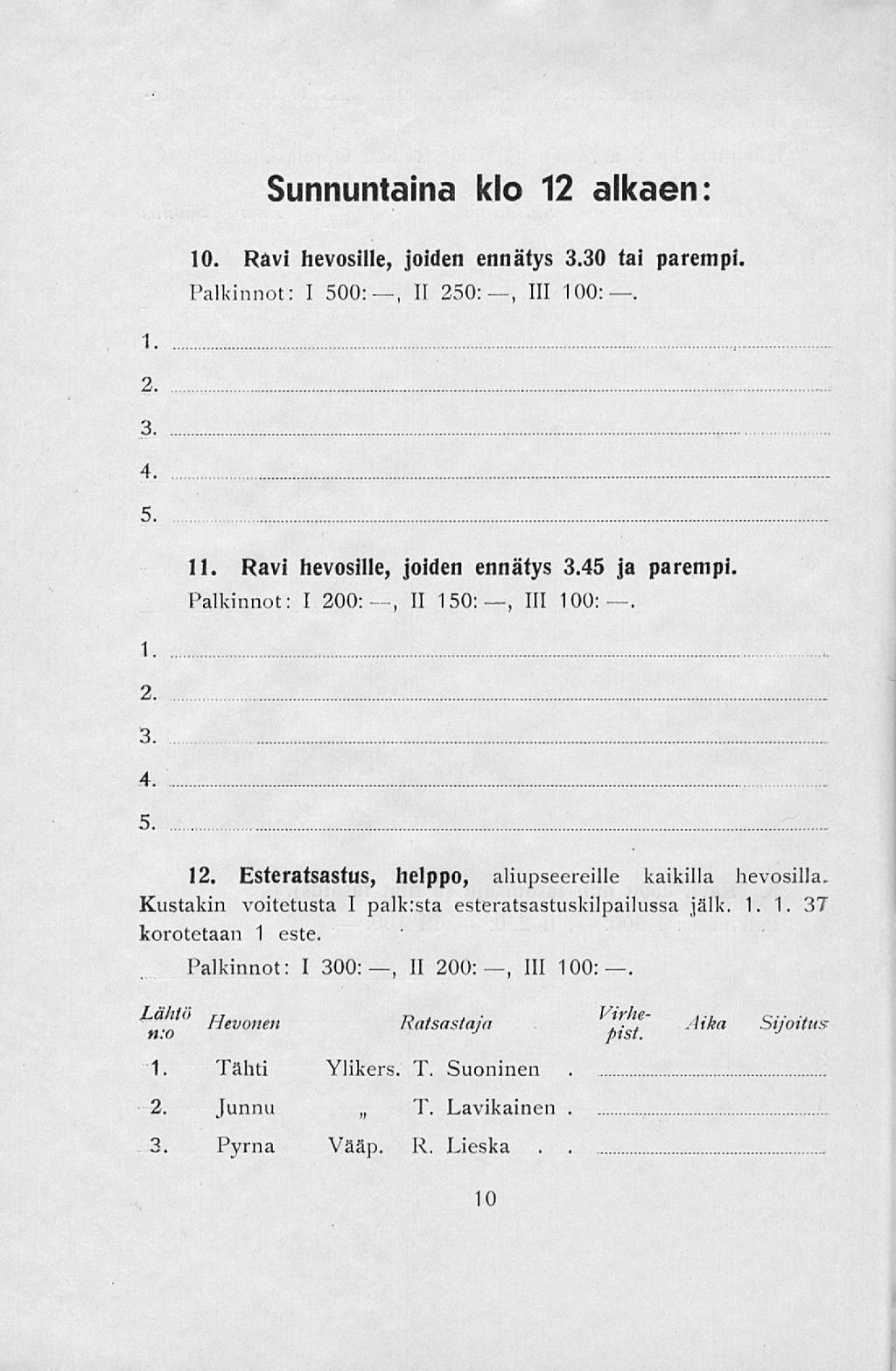 Sunnuntaina klo 12 alkaen: 10. Ravi hevosille, joiden ennätys 3.30 tai parempi. Palkinnot: I 500:--, II 250:, 111 100:. 1 2. 3. 4. 5, 11. Ravi hevosille, joiden ennätys 3.45 ja parempi.