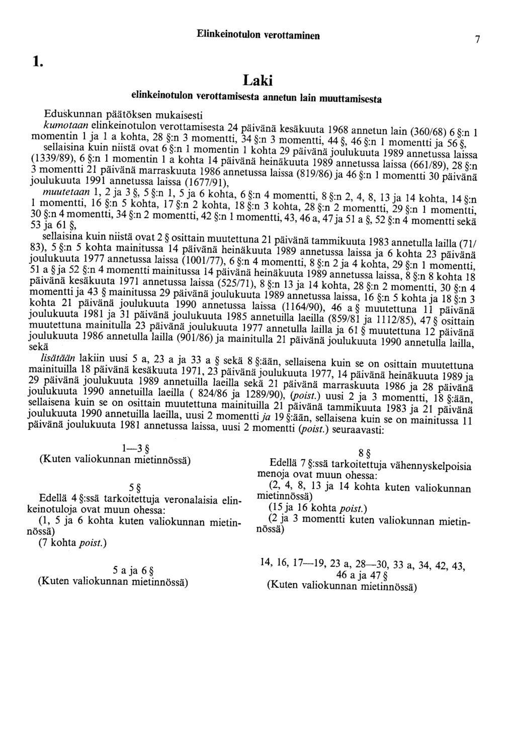 1. Elinkeinotulon verottaminen 7 Laki elinkeinotulon verottamisesta annetun lain muuttamisesta Eduskunnan päätöksen mukaisesti kumotaan elinkeinotulon verottamisesta 24 päivänä kesäkuuta 1968 annetun