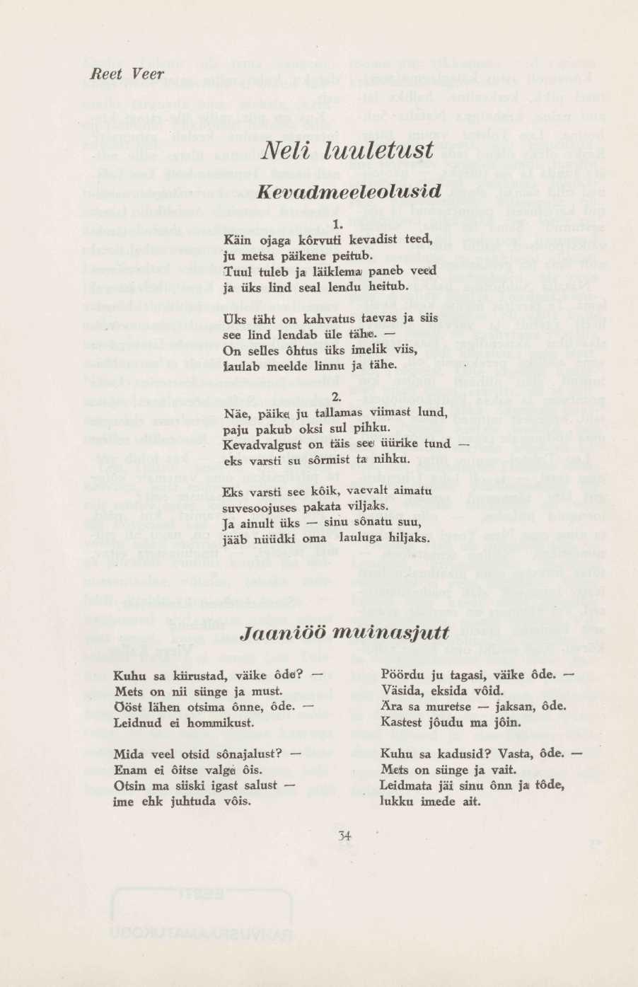 Reet Veer Neli luuletust Kevadmeeleolusid l. Kain ojaga kõrvuti kevadist teed, ju metsa päikene peitub. Tuul tuleb ja läiklema paneb veed ja üks lind seal lendu heitub.