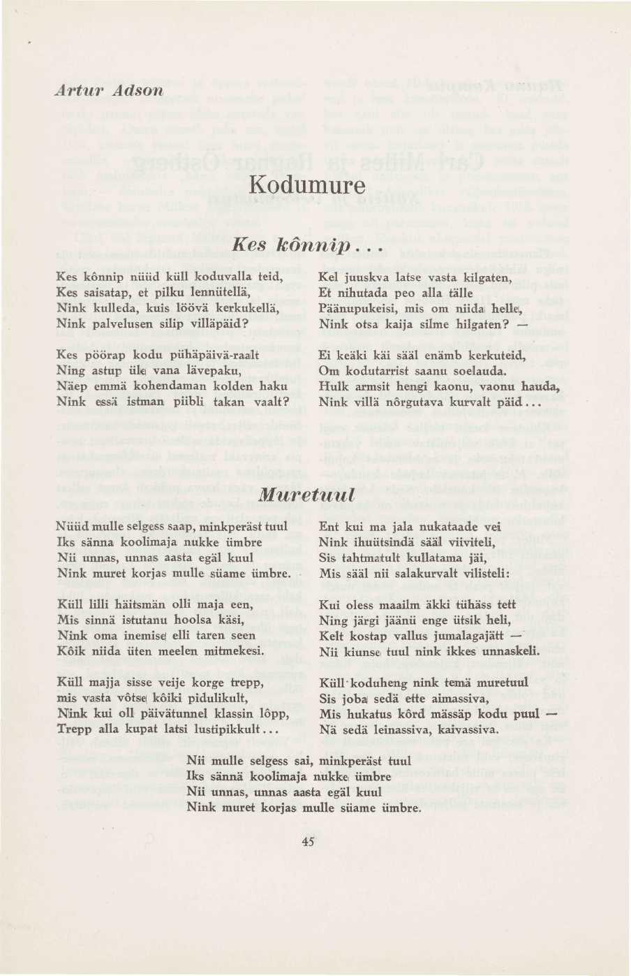 Artur Adson Kodumure Kes kõnnip... Kes kõnnip nüüd küll koduvalla teid, Kes saisatap, et pilku lennütellä, Nink külleda, kuis lööva kerkukellä, Nink palvelusen silip villäpäid?