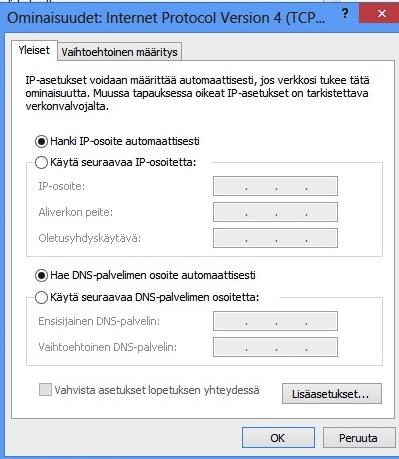 Valitse TCP/IPv4-ikkunassa vaihtoehto hae IP-osoitteet