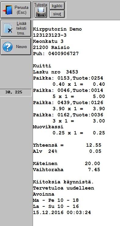 Esikatselu toiminto päällä Kassa kuitista