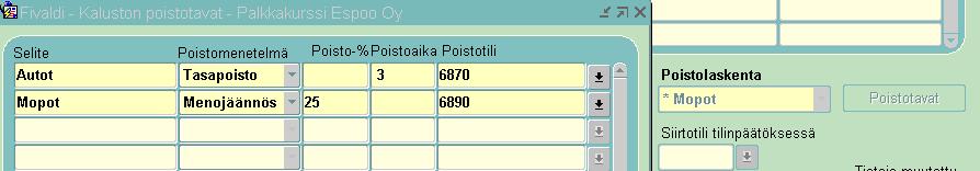 Poistotavat Painamalla Poistotavat-painiketta päästään määrittelemään Kaluston poistotavat. Valitaan alhaalta Uusi ja annetaan poistotavalle selite.