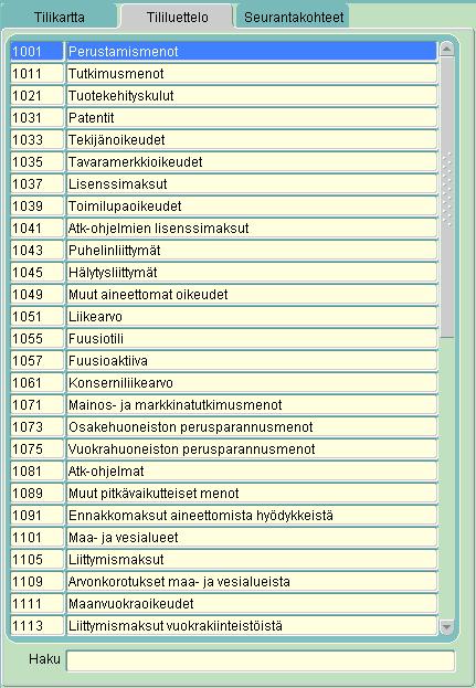 Tililuettelo välilehti Vasemman näkymän keskimmäisellä välilehdellä Tililuettelo saadaan tilikartta selailumuotoon, jossa näkyvät vain tilin numero ja nimi.