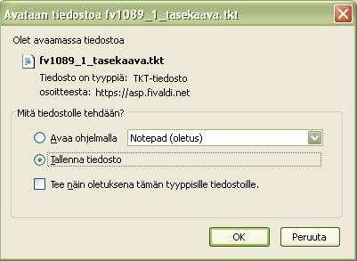 Valitse Save (Tallenna tiedosto) ja valitse avautuvasta ikkunasta hakemisto, jonne kopioitava tilikartta tallennetaan nimelle (oletusnimi: fv+yritysnumero_tilipuitteen numero_tasekaava.tkt). 3.