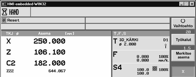 9 01/2008 Työskentely kahdella työkalupidikkeellä 9.3 Työkalun mittaus 9 Ohjelmoitu C-siirto 180 vaikuttaa vain C-akseliin, ei karoihin.