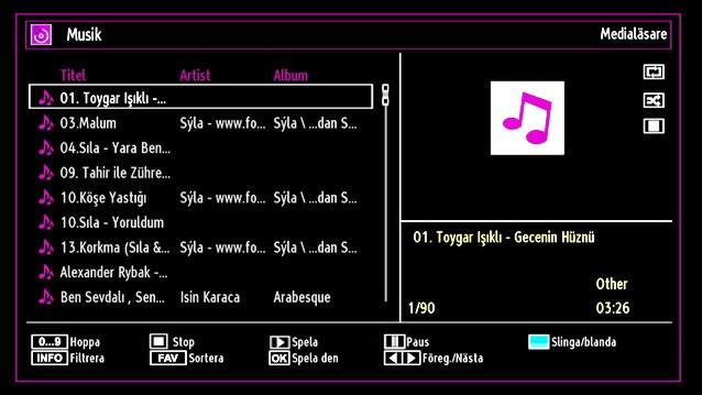 INFO: Visar hjälpskärmen. 3D: Tryck för att se 3D-inställningar. Spela musik via USB När du väljer musik utifrån huvudalternativen kommer tillgängliga ljudfiler att filtreras och listas på skärmen.