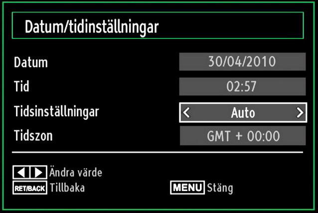 Konfigurera inställningar av datum/tid Välj Datum/tid i inställningsmenyn för att konfigurera inställningarna för Datum/tid: Tryck på OK-knappen. Använd knappen eller för att markera Datum/ tid.
