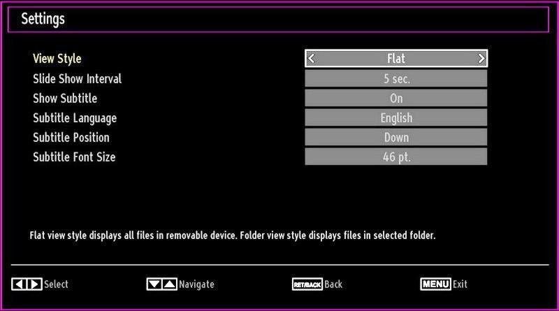Media Browser Settings You can set your Media Browser preferences by using the Settings dialog. Press or button to highlight an item and use or button to set. View Style: Sets default browsing mode.