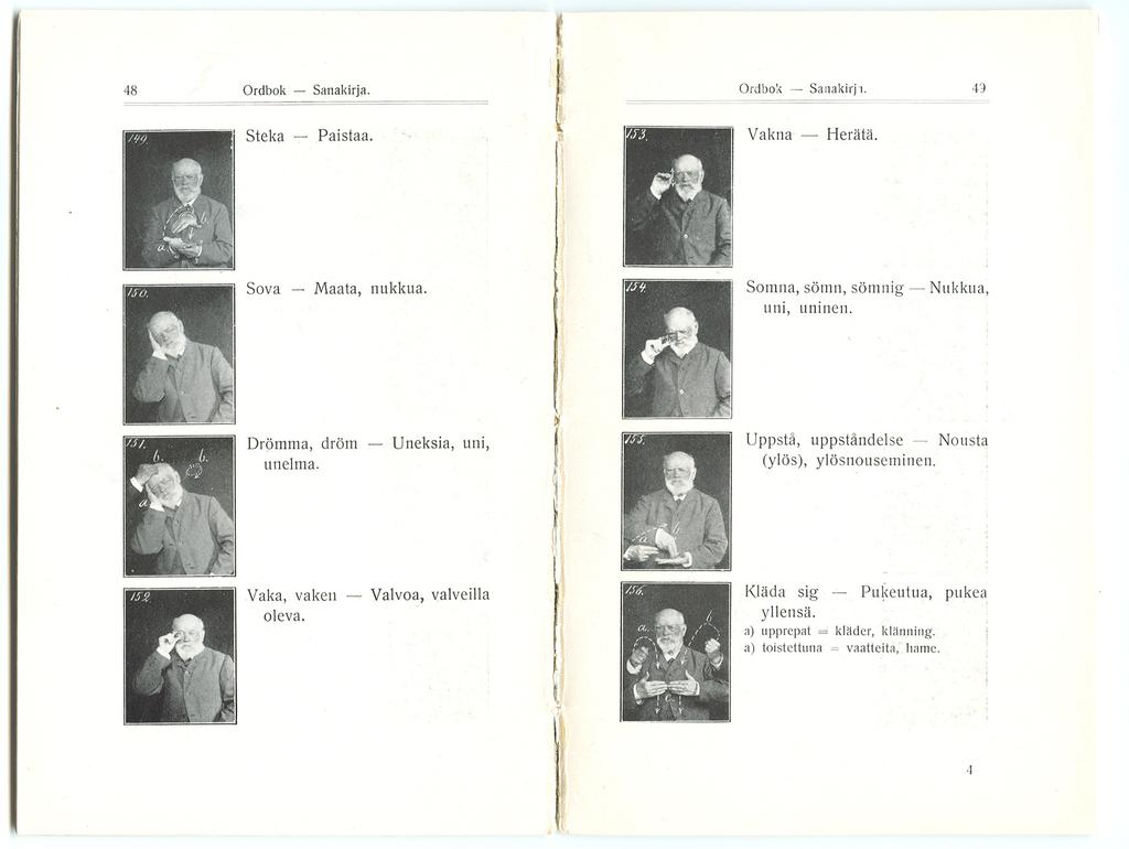 206 Savolainen Kuva 4. Aukeama Kuuromykkäin viittomakieli Suomessa II -sanakirjavihkosesta. (Hirn 1911: 48 49). listattu muun muassa viittomakielen lautakunnan kokouspöytäkirjan 30.11.2006 tekstiliitteessä 1.