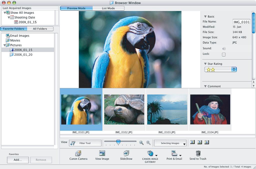 Selainikkuna ImageBrowser on ladattujen stillkuvien järjestämiseen, tulostamiseen ja muokkaamiseen käytettävä ohjelma. Käynnistä ImageBrowser osoittamalla dockin [ImageBrowser] -symbolia.