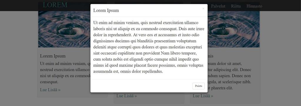 Toimivien modaalien Kuvan 10 rivillä 90 luotava linkki sisältää attribuutit data-toggle ja data-target, jonka arvoksi asetetaan rivllä 95 määriteltävän modaalin attribuutti id -vastine.