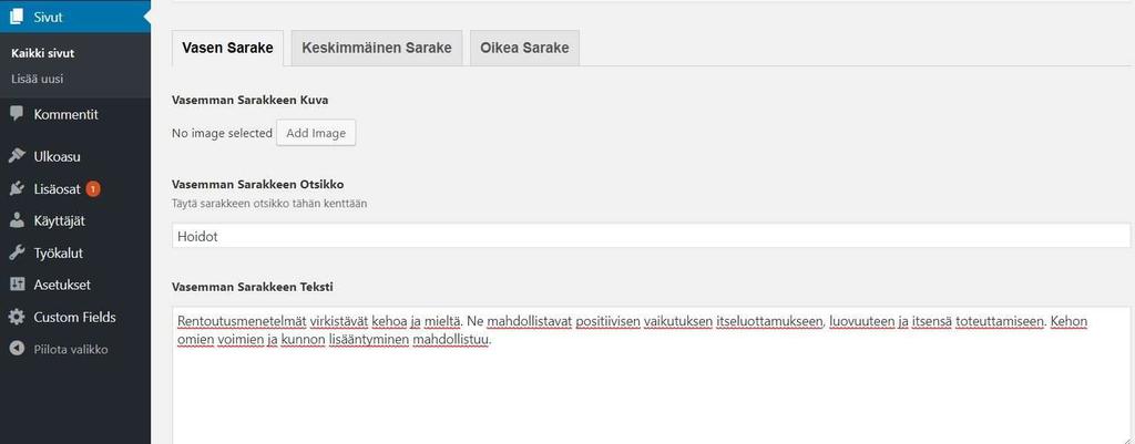 34 Kuva 28: Sisällön asettelu Advanced Custom Fields -lisäosan luomassa näkymässä Perinteisiin lisäkenttiin, jotka esiintyivät kuvassa 25, verrattuna Advanced Custom Fields tarjoaa paljon selkeämmän